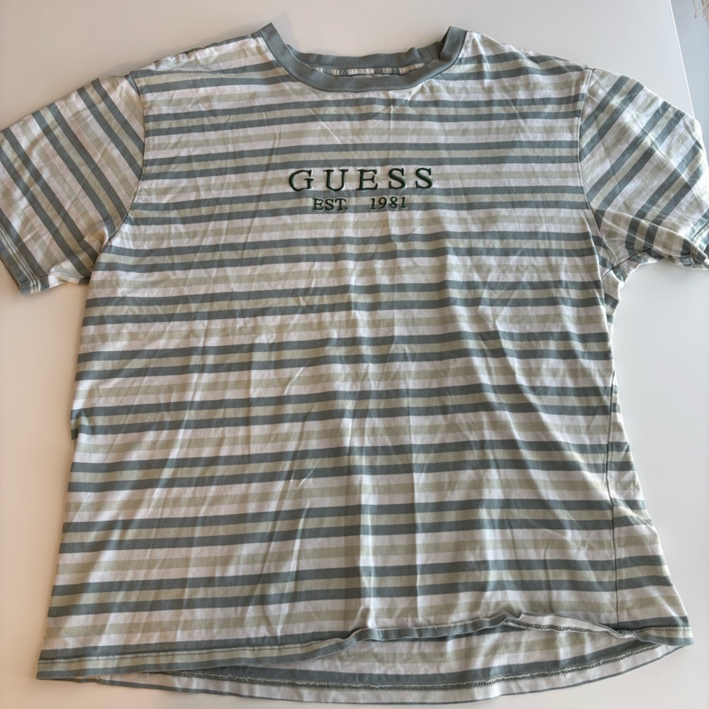 Guess Los Angeles Green and White Striped Tee